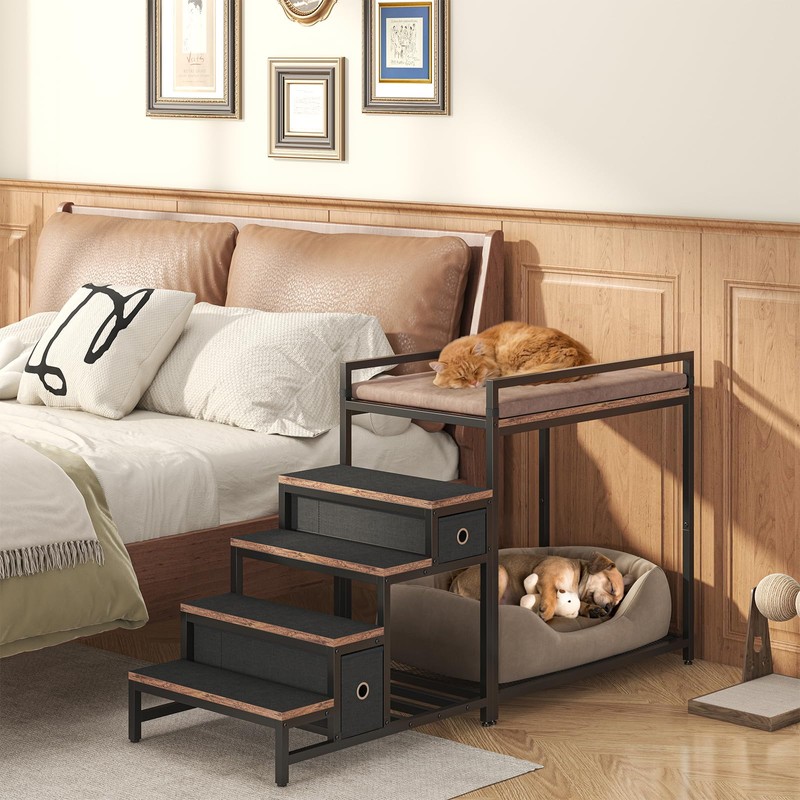Saudism Pet Bunk Bed with Removable Stairs and 2 Drawers,