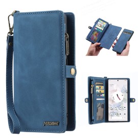 JGY Wallet Case for Googel Pixel 8 PU Leather Zipper Pocket Detachable Magnetic Case with Stand 7 Card Holder Hand Strap Pixel 8 Flip Wallet for Women Men (Pixel 8, Blue)