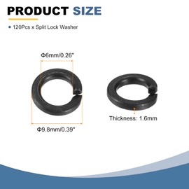sourcing map 120 Pcs M6 Split Lock Washers, Carbon Steel Spring Lock Washer 6.53mm ID 9.8mm OD 1.6mm Thick for Screws Bolts Fasteners