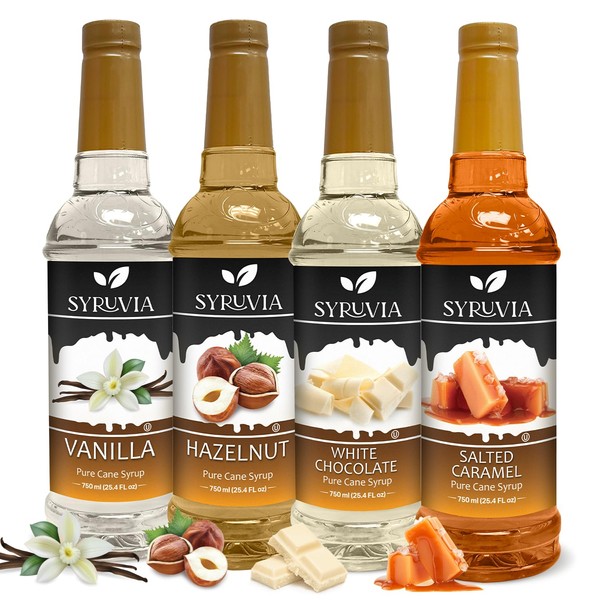 Syruvia Coffee Syrup Delightful Quartet: Vanilla, Salted Caramel, Hazelnut, and