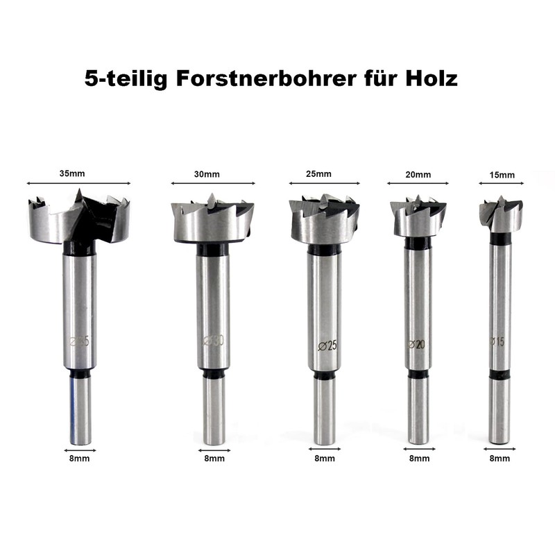 GLRYD 5-Piece Forstner Drill Bit Set for Wood, Diameter 15/20/25/30/35