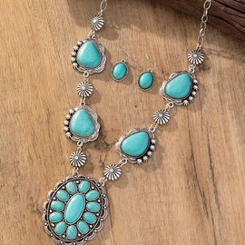 IMINI Exaggerated Turquoise Jewelery Set for Women Girls Dangle Earring Pendant Choker Long Necklace Oxidized Silver Daisy Bohemian Bollywood Vintage Boho Jewelry Holiday Christmas Wedding Party