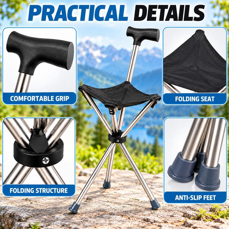 Folding Cane with Seat for Outdoor Rest – Lightweight 2-in-1