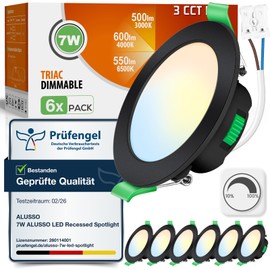 ALUSSO LED Recessed Spotlight, 230 V, Black, Dimmable, Flat, 68 mm, 7 W, IP44 LED Spotlights, Warm White, Neutral White, Cool White, Recessed Spotlights for Bathroom, Kitchen, Living Room, Set of 6