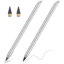 AUAUY 2 PCS Metal Inkless Pencil, Infinity Pencil, Reusable Everlasting Pencil, Replaceable Nib Pencil with 2 Replaceable Nib for Writing Drawing Students Home Office School Supplies（Silver）