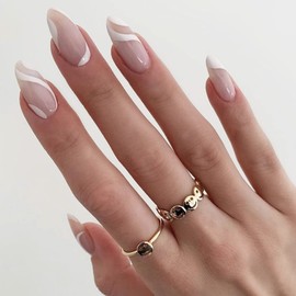 Gentle Claws Press On Nails - White Swirl | Nude White Swirl Press On Nails, Medium Swirl Almond Shaped White Nails with Design for Women and Girls, 24 Pcs Reusable Nude White Swirl Fake Nails