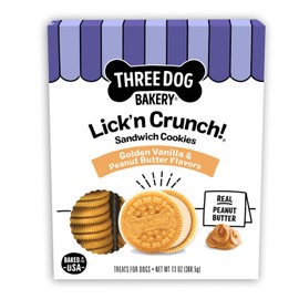 Three Dog Bakery Lick'n Crunch! Golden & Peanut Butter Dog Sandwich Cookies - Crunchy Vanilla & Creamy Peanut Butter Flavored Dog Treats, Cookies for Dogs, Dog Birthday Cookies, Dog Training Treats