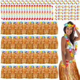 Jecery 20 Pcs Grass Skirts Hawaiian Luau Hula Skirts with 20 Leis 40 Bracelets 20 Necklaces for women Adult Tropical Beach Holiday Hawaiian Luau Party Decorations(15.75 Inch,Colorful)