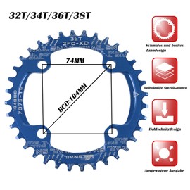 yongness Bicycle Chainring 104 BCD 32T 34T 36T 38T Narrow Wide Single Chainring Sprocket Suitable for Road Bike Mountain Bike BMX Chainrings (32T, Aluminum Blue)