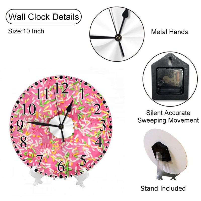 KEEPSUPER Pink Donuts Wall Clock Stripes Glaze and Colored Splashes
