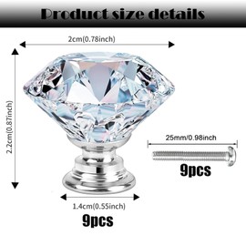 Lyxhag 9 pcs Crystal Knobs,20mm Diamond Drawer Cabinet Door Pull Crystal Door Handles with Screws for Cupboards Wardrobes Drawers Home Decoration