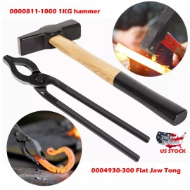 unbranded Blacksmith Hammer 1kg 0000811-1000 & Flat Jaw Tong, Blacksmith Knife Making Tool