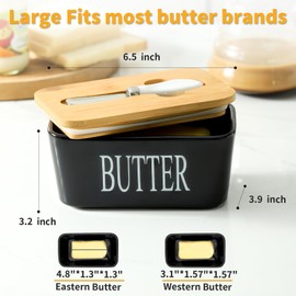 Hasense Butter Dish with Lid, Ceramic Butter Dish with Knife for Countertop, Airtight Covered Butter Keeper Container, Large Black Butter Holder for Refrigerator,Black