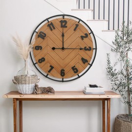 Micasso Large Farmhouse Wall Clock: 27 Inch Rustic Antique Wood Silent Battery Operated Clock with Metal Circle and Large Numerals for Living Room/Bedroom/Office