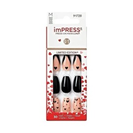 KISS imPRESS Valentine Press-On Nails, No Glue Needed, Black, Medium Coffin, 33 Ct.
