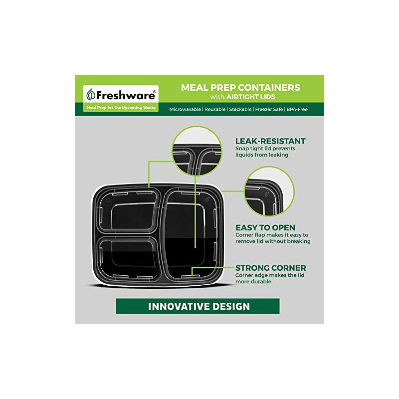 Freshware Contenedor de alimentos de 3 compartimientos - paquete de