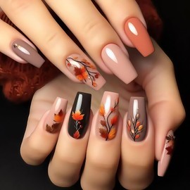 24Pcs Fall Press on Nails Medium Square Fake Nails with Maple Leaf Designs Autumn Leaves False Nail Thanksgiving Acrylic Nails Kit Full Cover Solid Color Stick on Nail for Women Nail Decoration
