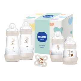MAM Easy Start Anti-Colic Newborn Set, 0+ Mon, Baby Bottle Gift Set, 94% Acceptance, 96% Midwife Recommendation, 80% Less Colic, 4 Drinking Bottles & 1 Original Start Dummy, Beige