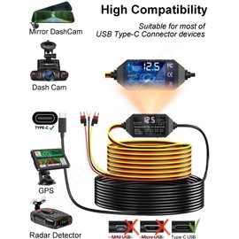 Dash Cam Hardwire Kit, USB Type C 3Wire Dashcam Charger Hardwire kit 24h Parking Mode Low Voltage Protection Car Camera Hardwire Charging Cable 12-24V 5V/1-3A Fuse Box Charger for Dashcam, GPS, Radar