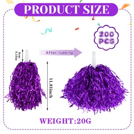 Jerify 200pcs Cheerleading Pom Poms Bulk Metallic Foil Cheerleader Pom Poms with Baton Handle Plastic Cheer Pompom Cheering Hand Flowers for Game Sports Squads Dance Party Basketball (Purple)
