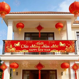 KYMY Vietnamese New Year Yard Banner 2026, Year of the Horse Lunar New Year Fence Sign 9.8 x 1.6 Ft, Tết Vietnam Outdoor Decoration Asian Spring Festival Background Backdrop