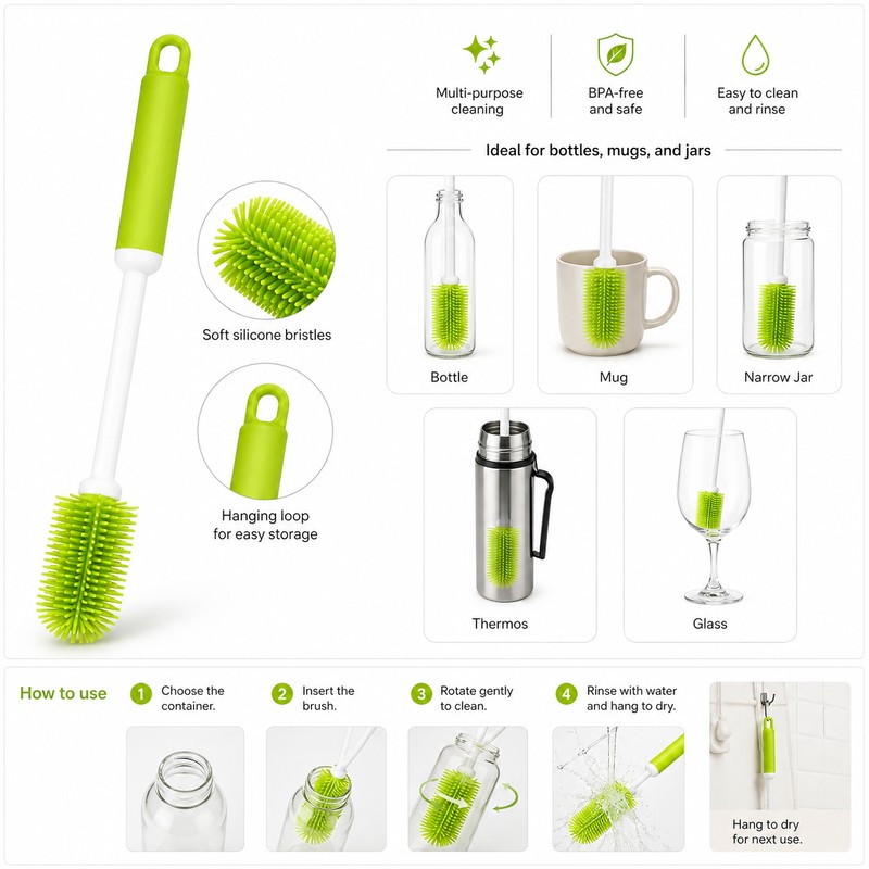 Silicone Bottle Cleaning Brush for Kitchen Use – Long-Handle 360°