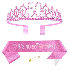 Pink 50th Birthday Sash for Women Birthday Princess Crown Queen Tiara Rhinestone Birthday Headbands Birthday Queen Sash Happy Birthday Decorations for Women 50 Year Old Birthday Party Supplies