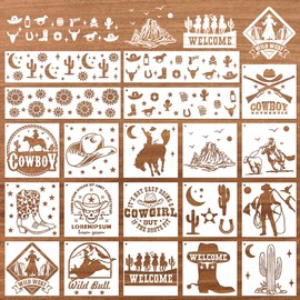 Keluna Western Cowboy Cowgirl Painting Stencils - 20 Reusable Stencils for Wood Burning, Landscape Cactus Western Scenes