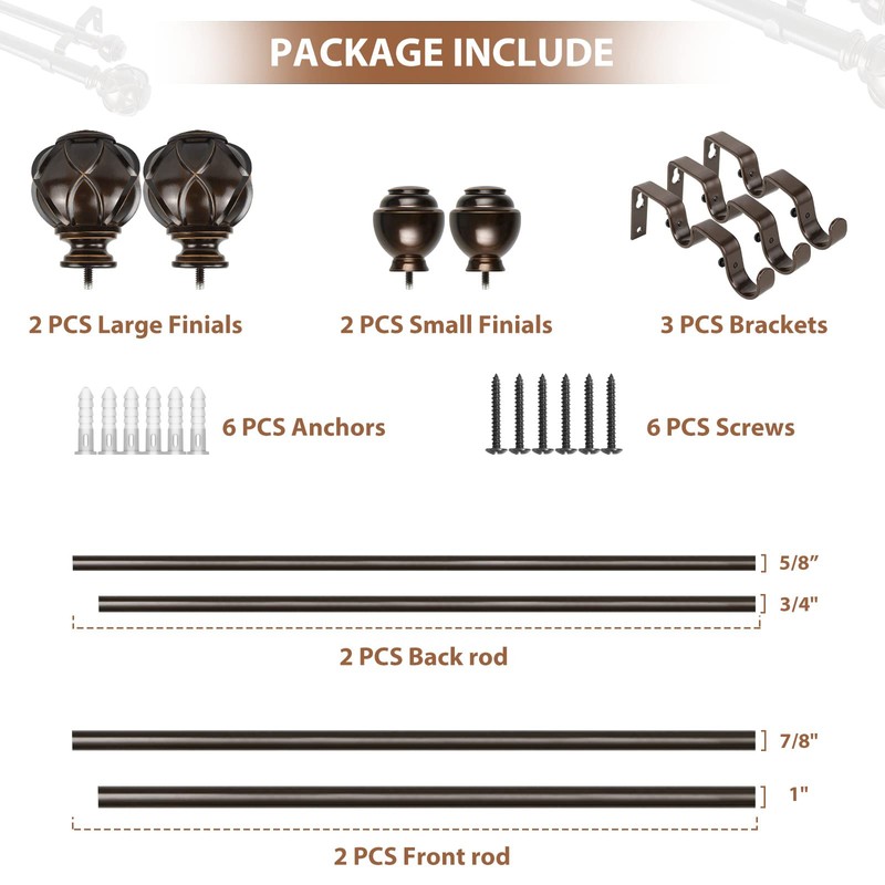 KAMANINA 1 Inch Double Curtain Rods for Windows 36 to