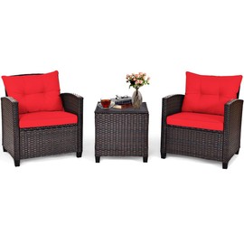 DORTALA 3 Pieces Patio Furniture Set, Outdoor Wicker Rattan Conversation Sofa Set with Cushion, Tempered Glass Top Table for Backyard Porch Garden Poolside Balcony, Red