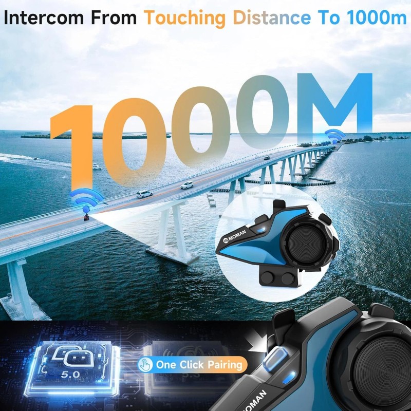 Moman H2E Helmet Intercom Headset with Dual Chip for HiFi/Music