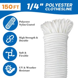 Outdoor Clothesline Pulley Kit,150ft Polyester Clothesline Rope, Heavy Duty Clothes Line with Nylon Clothes Line Pulley, S Separator Spreader, Tightener, Hooks
