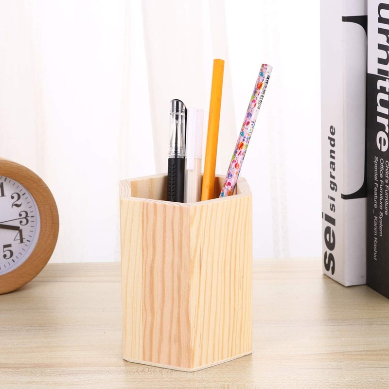 Healifty Pen Pot Pen Holder Hexagon Tube Wooden Pen Container