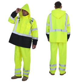 sesafety Hi Vis Rain Jacket, Rain Suits for Men Waterproof withBlack Bottom, Rain Coats for Men Interior Mesh, Class 3 HighVisibility Rain Gear,Removable Hood