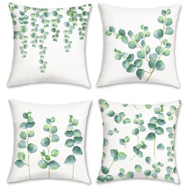 Bonhause Set of 4 Cushion Covers, Eucalyptus Leaves, 45 x 45 cm, Plants Green Velvet, Soft Decorative Cushion Covers for Sofa, Bedroom, Living Room, Car, Home Decoration