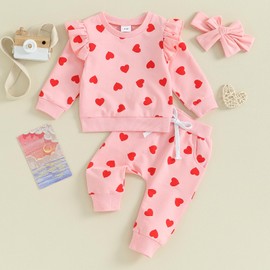 Infant Toddler Baby Girl Valentine Outfits Long Sleeve Shirts Heart Sweatshirt + Pants + Headband 3Pcs Set (Pink Red Heart, 2-3 Years)