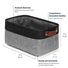 OrganiHaus Small Fabric Storage Baskets for Shelves 6 Pack, 12x8in Closet Storage Bins for Shelves, Cloth Baskets for Organizing, Linen Closet Organizers, Fabric Basket, Gray/Black