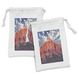 Lunarable Zion National Park Fabric Pouch Set of 2, Panoramic Picture of Rocky Canyon at Sunset, Small Drawstring Bag for Toiletries Masks and Favors, 9" x 6", Coral Sky Blue