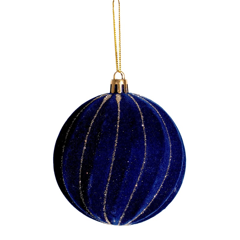 Swirl Stripe Navy Blue Gold Glitter Christmas Tree Baubles (Set