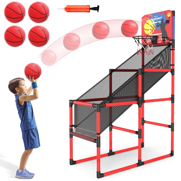 Kids Basketball Hoop Arcade Game W/Electronic Scoreboard Cheer Sound, Basketball Hoop Indoor Outdoor W/4 Balls, Basketball Game Toys Gifts for Kids 3-6 5-7 8-12 Toddlers Boys Girls (Red)