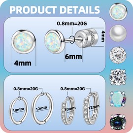 10 Pairs Stainless Steel Stud Earrings Colorful CZ Stud Earrings 20G Stud Earings 10mm 12mm Hoop Earrings Cartilage Earrings For Women Men Silver