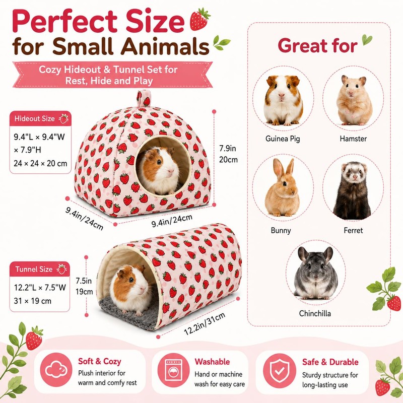 Oxiros Guinea Pig Hideout Tunnel Set, 2 Pack Washable Small