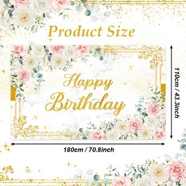 AIBIIN 6x3.6ft Happy Birthday Backdrop for Girl Women Photography Background Flower White and Glod Birthday Party Decorations Banner Photo Booth Props Pink Sign Backdrop for Party Supplies