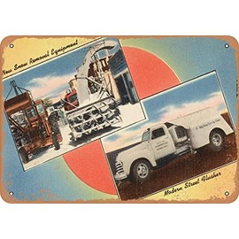 7 x 10 METAL SIGN - Massachusetts Postcard - New snow removal equipment. Modern street flusher - Vintage Rusty Look