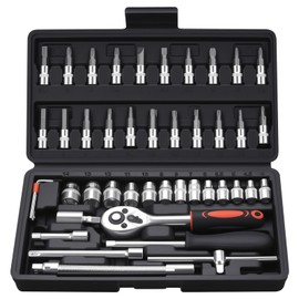 XxinXrong Socket Wrench Set, 46 Pcs Small Ratchet Socket Set 1/4 inch Tool Sets, Metric Drive Sockets with Equipment Extension Bars for Vehicle Auto Motorcycle Repair, Household Tools（Black）