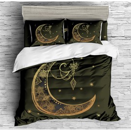 INDREAM Bohemia Black and Gold Bedding Set Elegant Boho Star and Moon Duvet Cover Bedroom Deco Bed Sets 3/4 Pieces (1 Duvet Cover with 2 Pillow Shams or Sheet) (FULL-3PCS,A)
