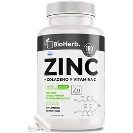 BioHerb Zinc  Colageno y Vitamina C (180 Capsulas 500mg)  [Extremadamente Eficaz] -  Recuperacion y Descanso  Calidad Suprema  Grado Farmaceutico