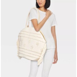 Shade & Shore Off White  Straw Fringe Tote Handbag - Shade & Shore Beach New