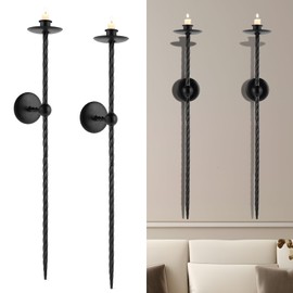 Large Black Metal Wall Candle Sconces Set of 2 - Tall Candle Holders for Living Room, Dining Room, Bedroom - Festival Decoration (23.6" H)