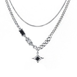 Jemant Star Layered Necklace For Men Women Silver Stainless Steel Cuban Chain Chunky Punk Goth Edgy Shiny Black White Zirconia Stacked Layered Choker Necklace Non Tarnish Jewelry Christmas Gift
